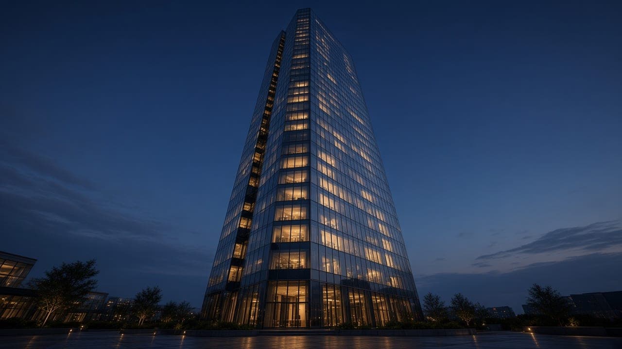 Dusk camera path looking up a slender glass tower