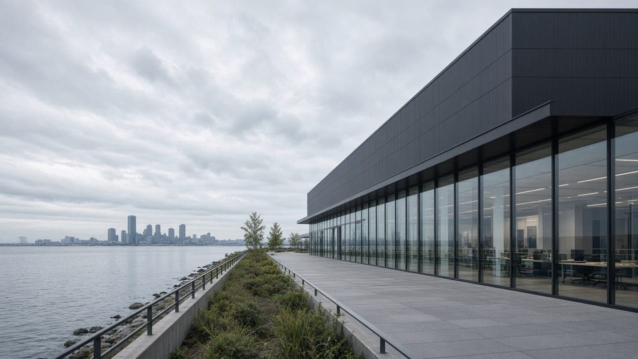 Precise commercial elevation with charcoal metal and glass