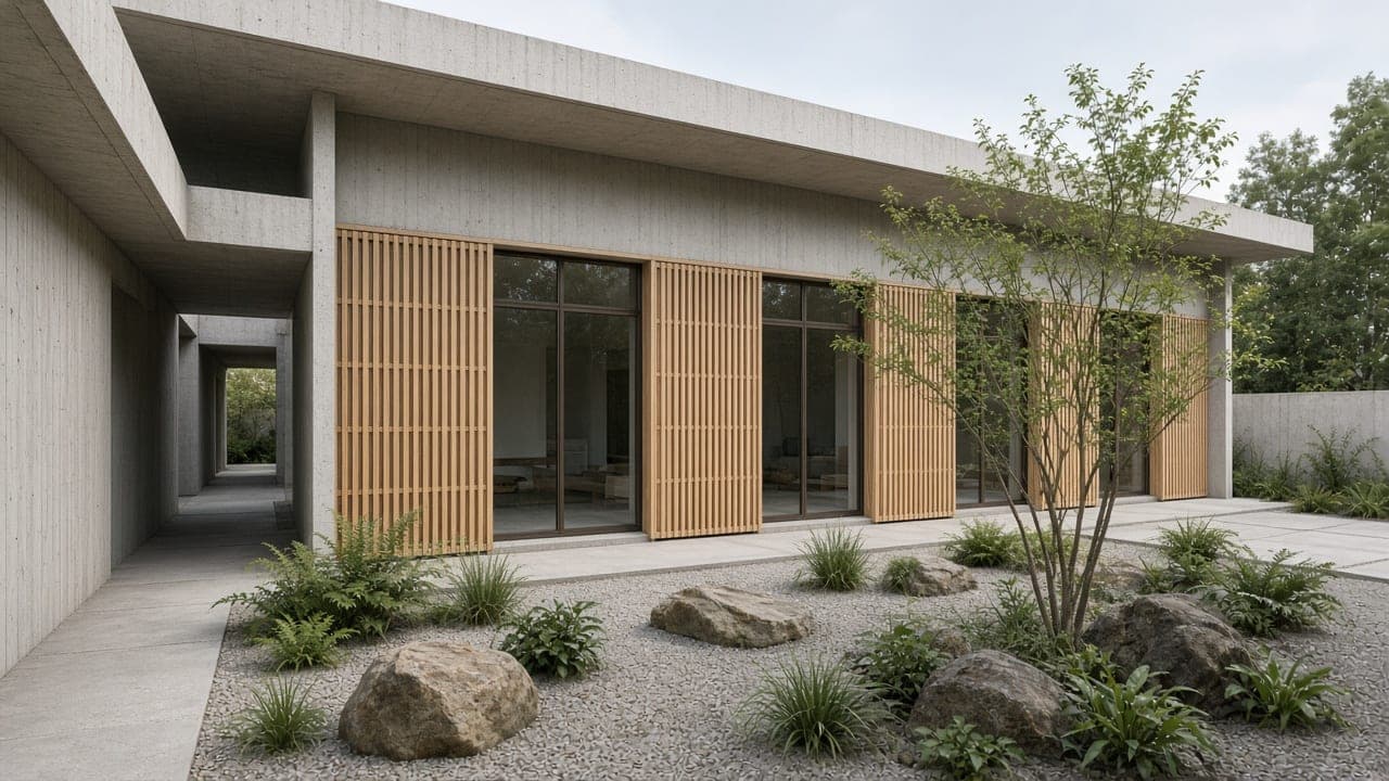 Courtyard house study in pale concrete and timber