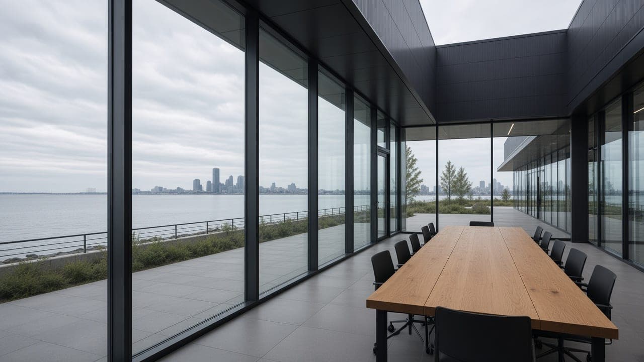 Quiet workplace interior with daylight and timber