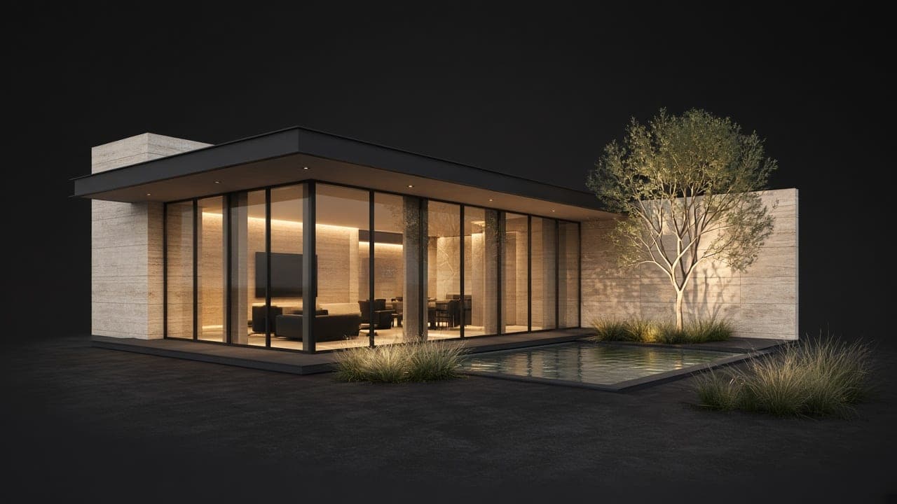 Photoreal render of a courtyard pavilion at dusk