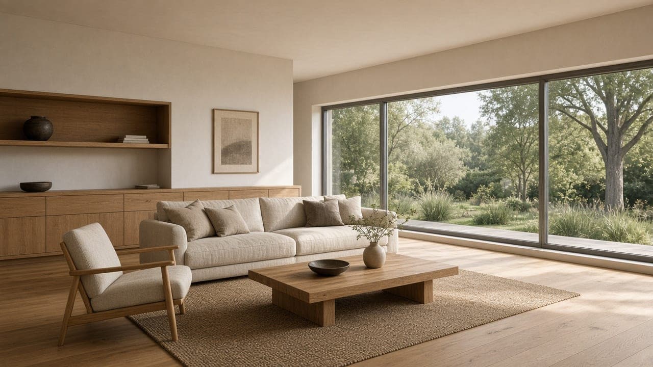 Calm living room with oak, plaster and a long garden window