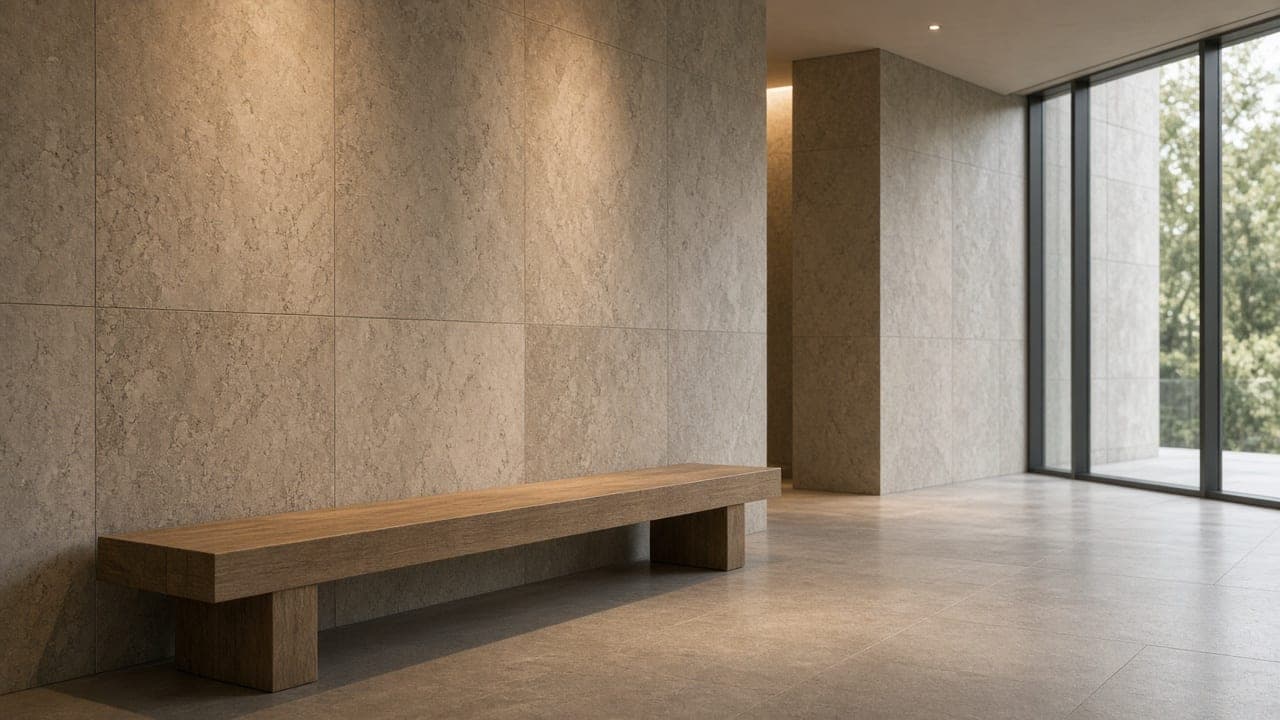 Stone lobby with a long timber bench and soft daylight